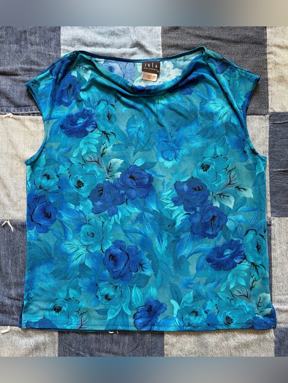vintage y2k jkla california blue floral tank top cowl wide neck size XL
